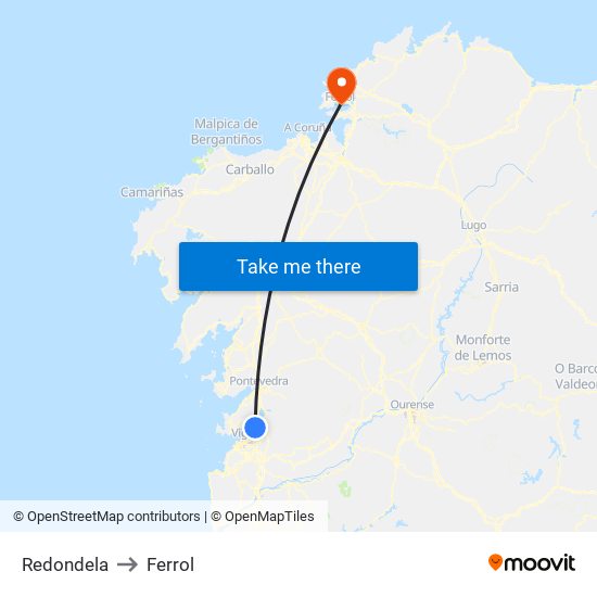 Redondela to Ferrol map