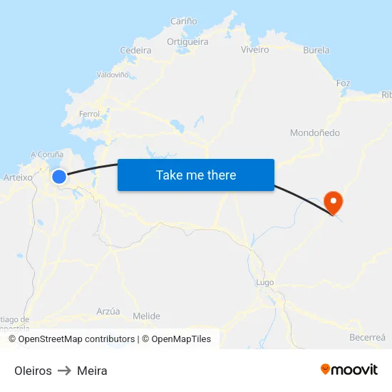 Oleiros to Meira map