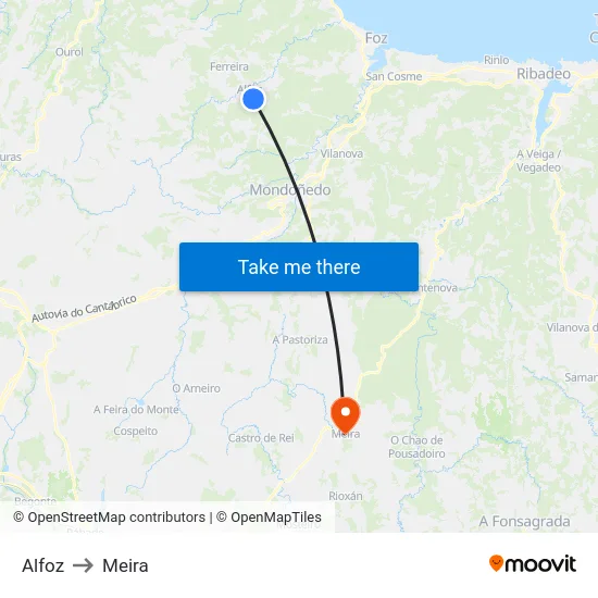 Alfoz to Meira map