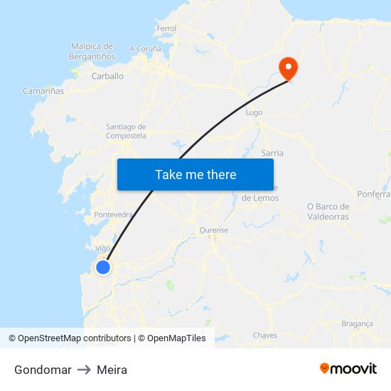 Gondomar to Meira map