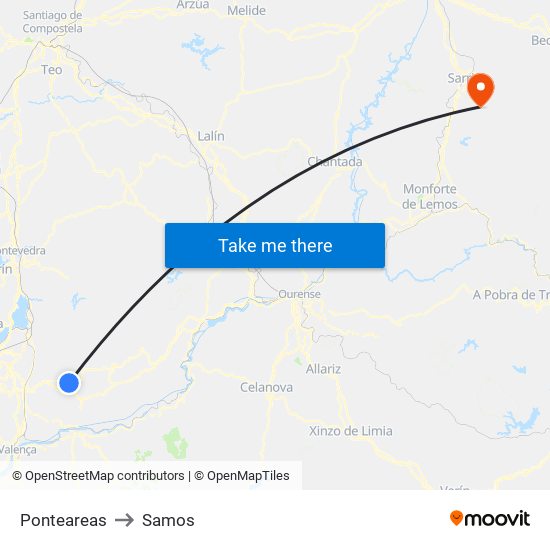 Ponteareas to Samos map