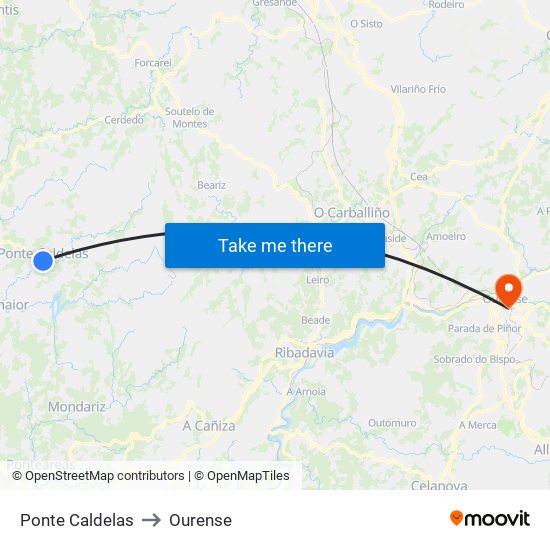 Ponte Caldelas to Ourense map