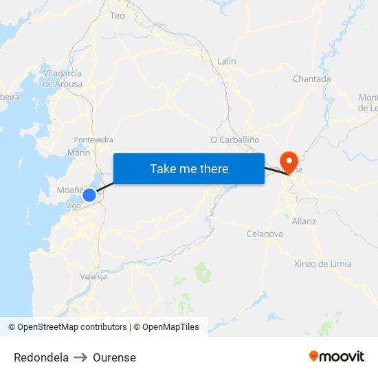 Redondela to Ourense map