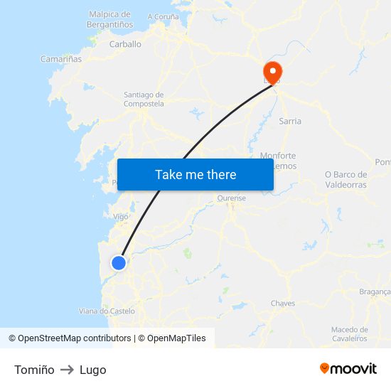 Tomiño to Lugo map