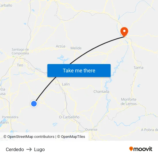 Cerdedo to Lugo map