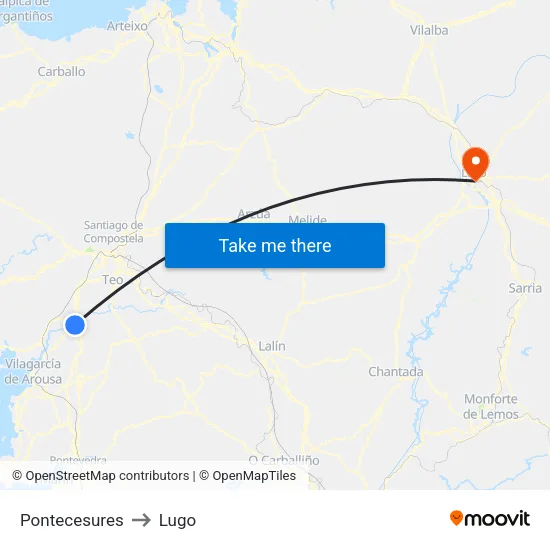 Pontecesures to Lugo map