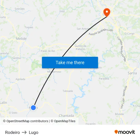 Rodeiro to Lugo map