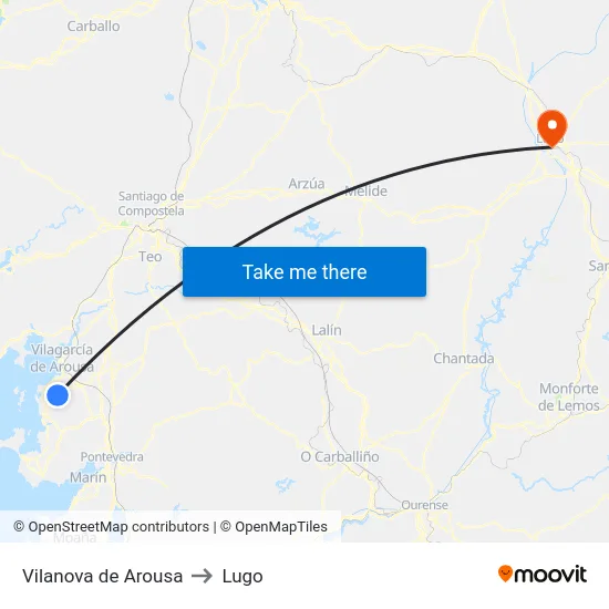 Vilanova de Arousa to Lugo map