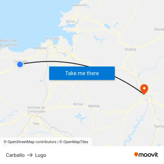 Carballo to Lugo map