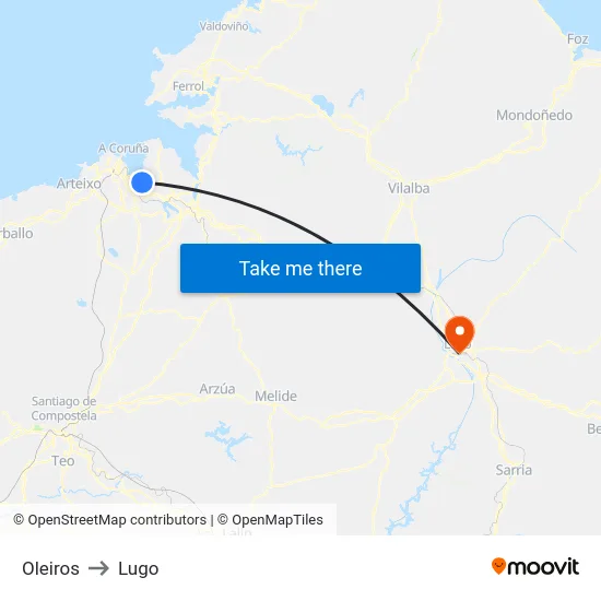 Oleiros to Lugo map