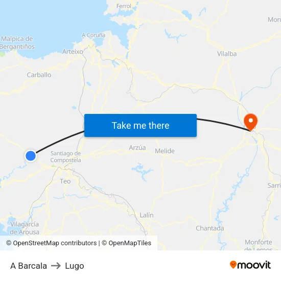 A Barcala to Lugo map