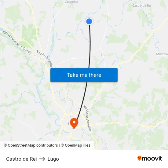 Castro de Rei to Lugo map