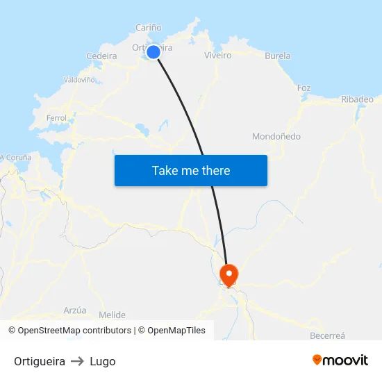 Ortigueira to Lugo map