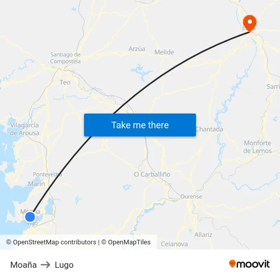 Moaña to Lugo map