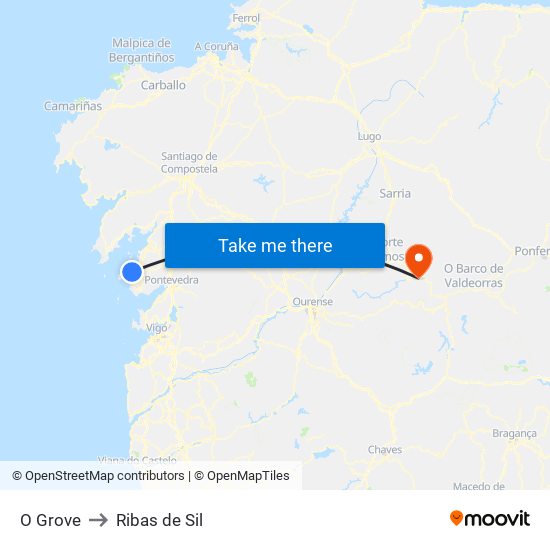 O Grove to Ribas de Sil map