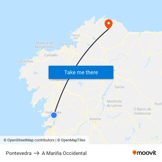 Pontevedra to A Mariña Occidental map