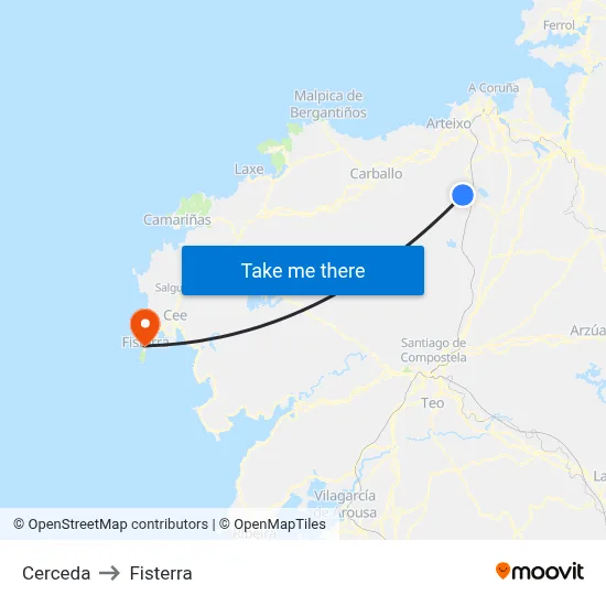 Cerceda to Fisterra map
