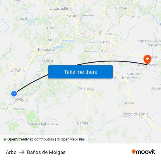 Arbo to Baños de Molgas map