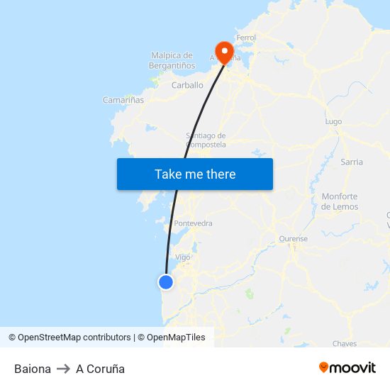 Baiona to A Coruña map