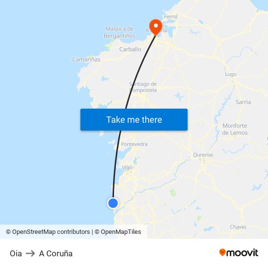 Oia to A Coruña map
