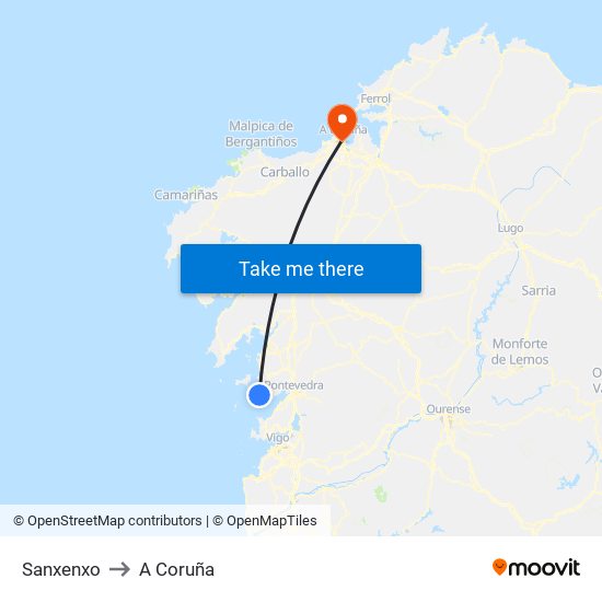 Sanxenxo to A Coruña map