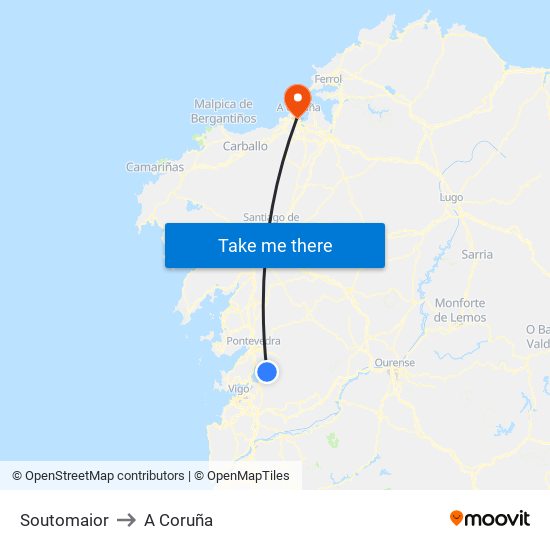 Soutomaior to A Coruña map