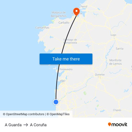 A Guarda to A Coruña map