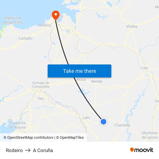 Rodeiro to A Coruña map