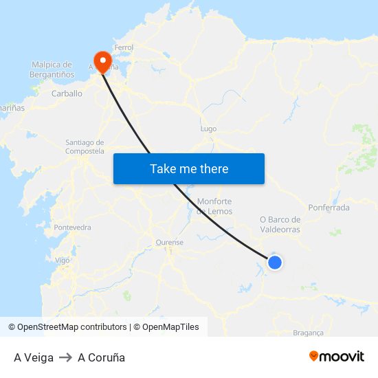 A Veiga to A Coruña map