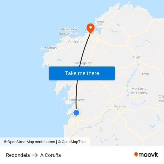 Redondela to A Coruña map