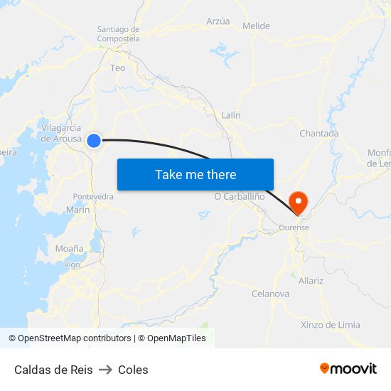 Caldas de Reis to Coles map