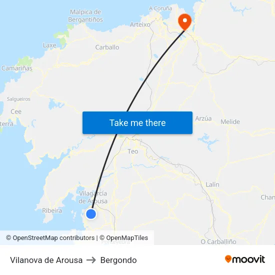 Vilanova de Arousa to Bergondo map