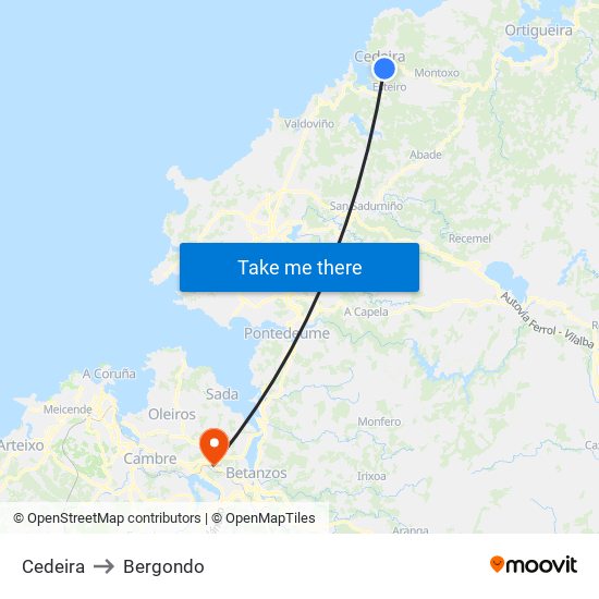 Cedeira to Bergondo map