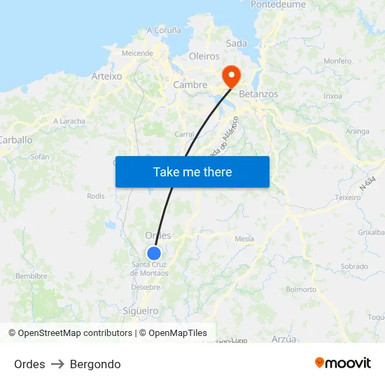 Ordes to Bergondo map