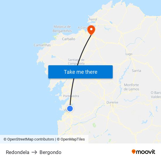 Redondela to Bergondo map