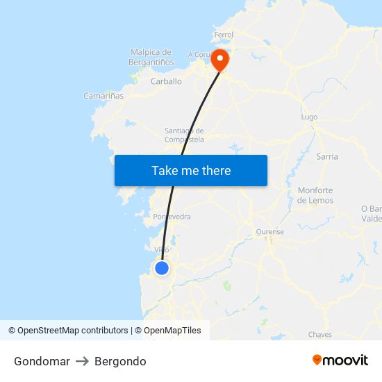 Gondomar to Bergondo map