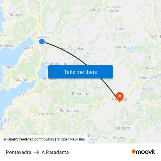Pontevedra to A Paradanta map