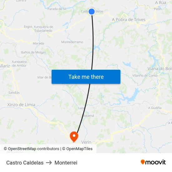 Castro Caldelas to Monterrei map
