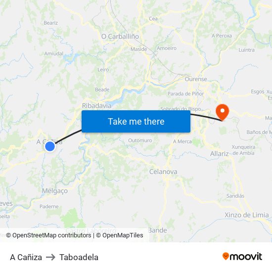 A Cañiza to Taboadela map