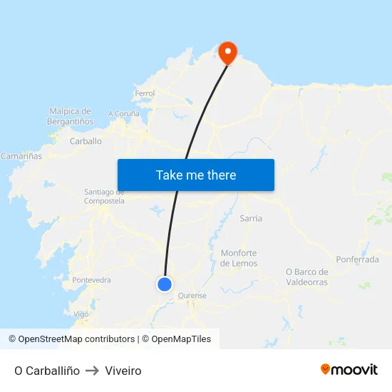 O Carballiño to Viveiro map