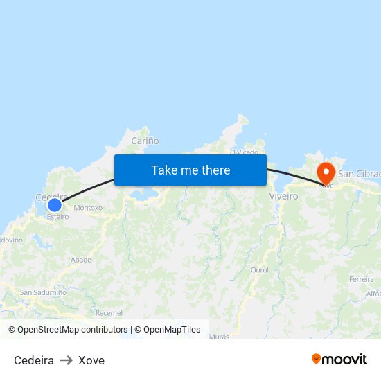 Cedeira to Xove map