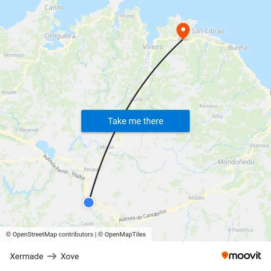 Xermade to Xove map