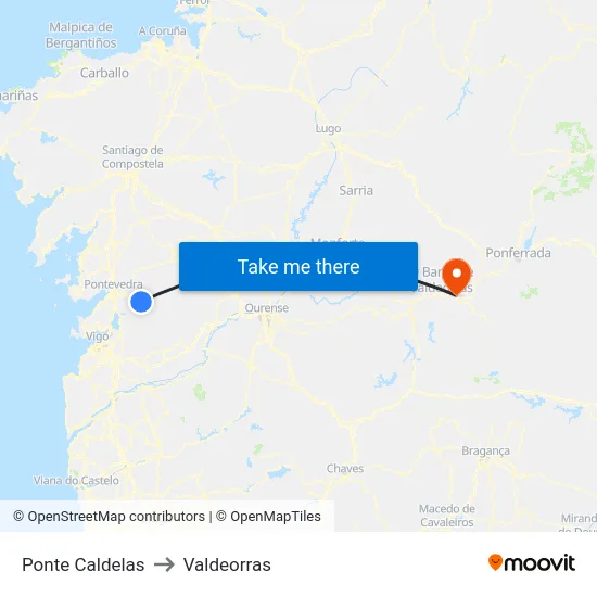 Ponte Caldelas to Valdeorras map