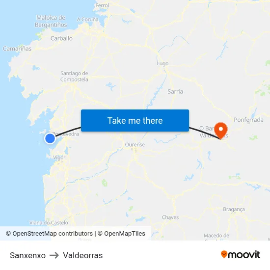 Sanxenxo to Valdeorras map