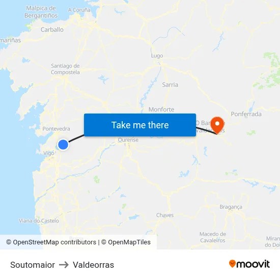 Soutomaior to Valdeorras map