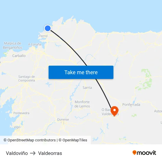 Valdoviño to Valdeorras map