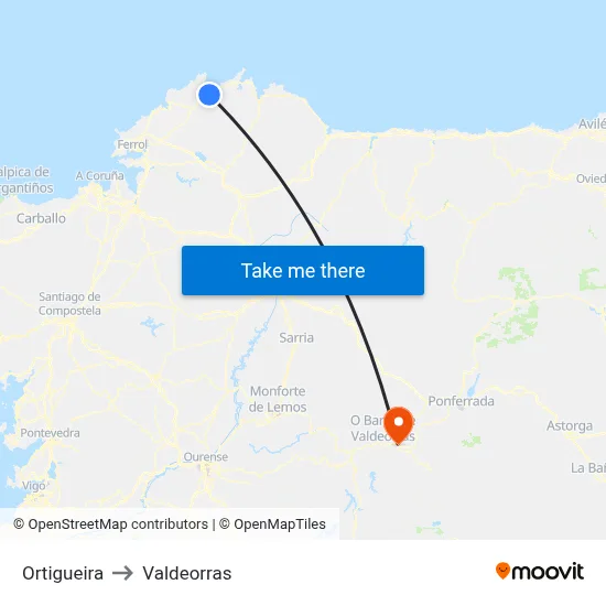 Ortigueira to Valdeorras map