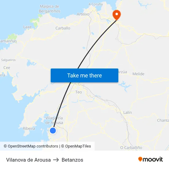 Vilanova de Arousa to Betanzos map