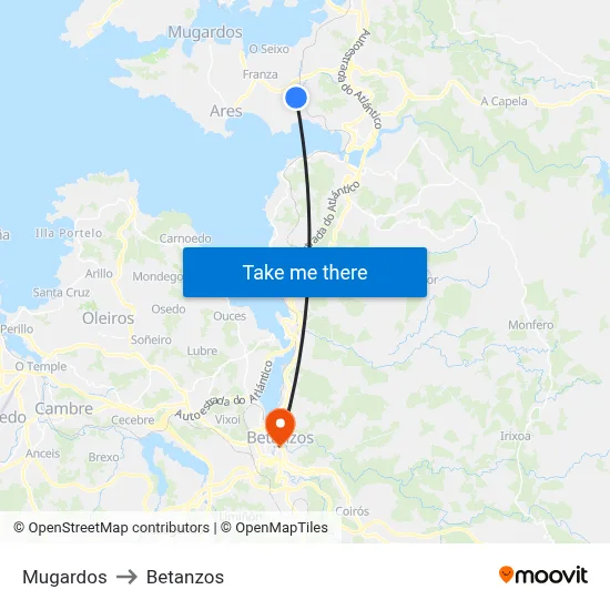 Mugardos to Betanzos map