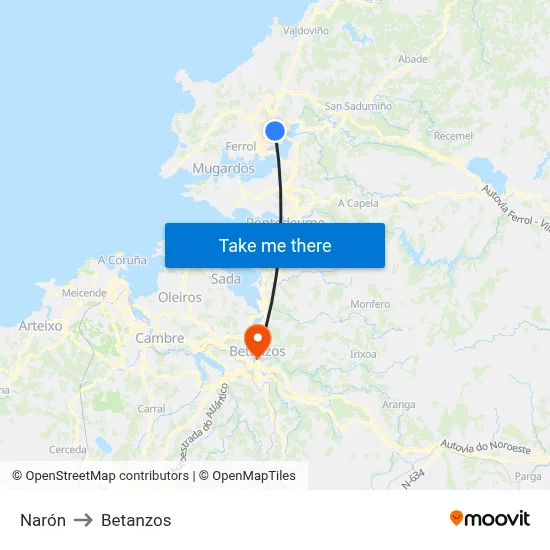 Narón to Betanzos map